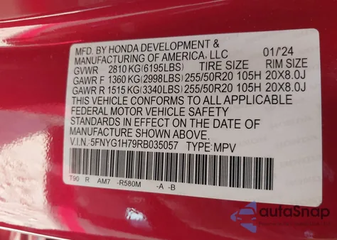 2024 Honda Pilot Touring z USA, uszkodzony, nr VIN 5FNYG1H79RB035057